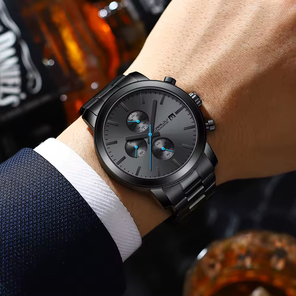 CRRJU-Montre Chronographe en Acier Inoxydable pour Homme, Accessoire de Luxe, Étanche, avec Date Analogique, à Quartz, pour Affaires ⭐️⭐️⭐️⭐️⭐️5.0