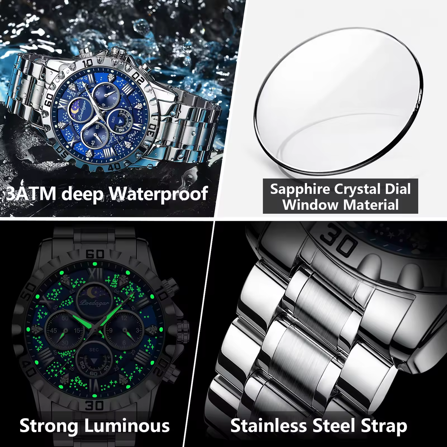 POEDAGAR 973 Montre de luxe pour homme, montre de sport à quartz, étanche, lumineuse, en acier inoxydable, chronographe