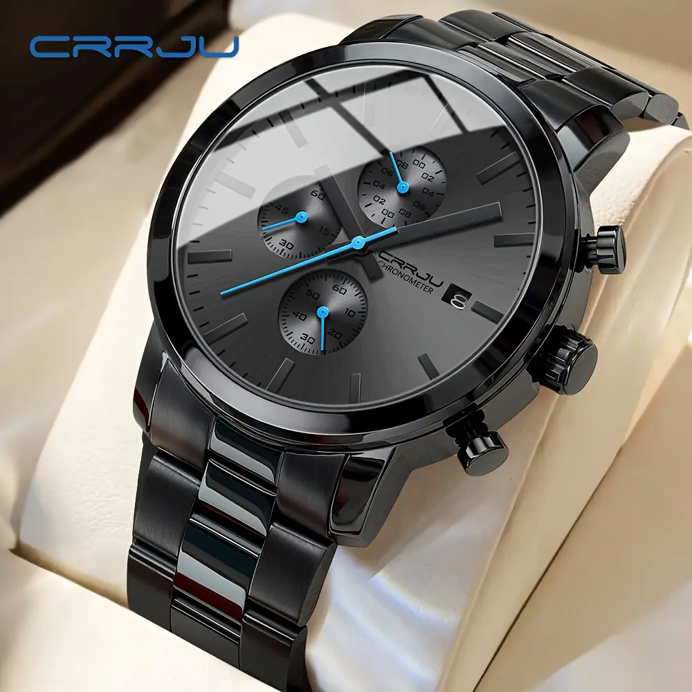 CRRJU-Montre Chronographe en Acier Inoxydable pour Homme, Accessoire de Luxe, Étanche, avec Date Analogique, à Quartz, pour Affaires ⭐️⭐️⭐️⭐️⭐️5.0