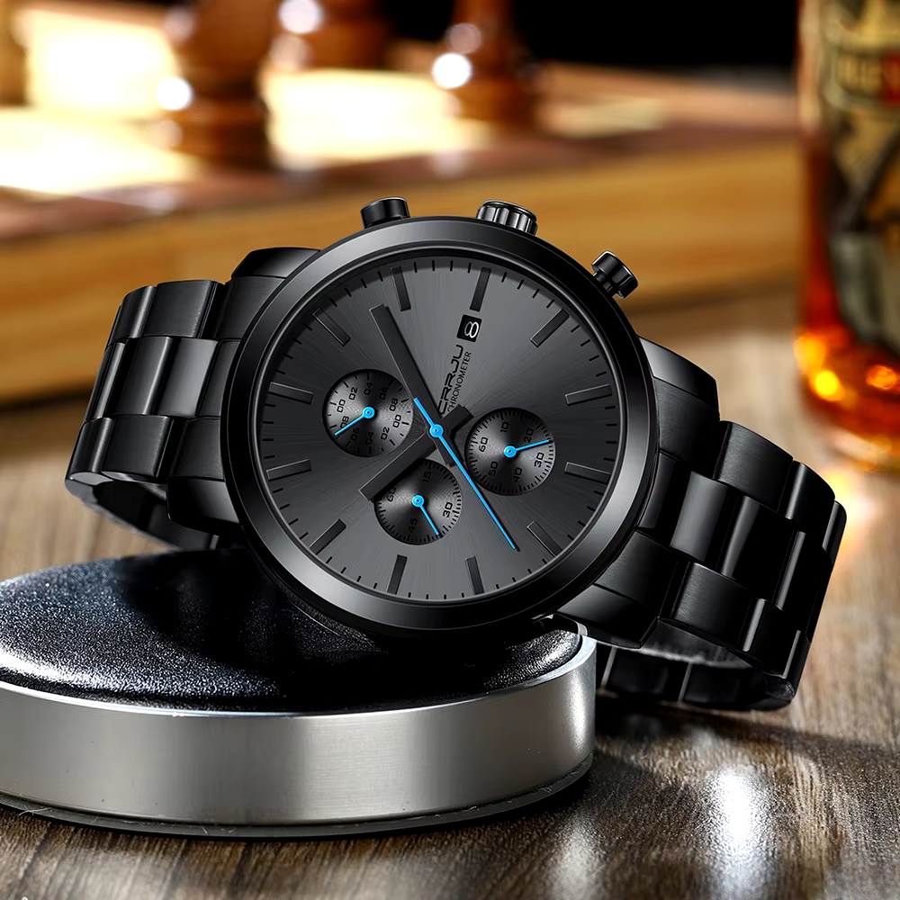 CRRJU-Montre Chronographe en Acier Inoxydable pour Homme, Accessoire de Luxe, Étanche, avec Date Analogique, à Quartz, pour Affaires ⭐️⭐️⭐️⭐️⭐️5.0