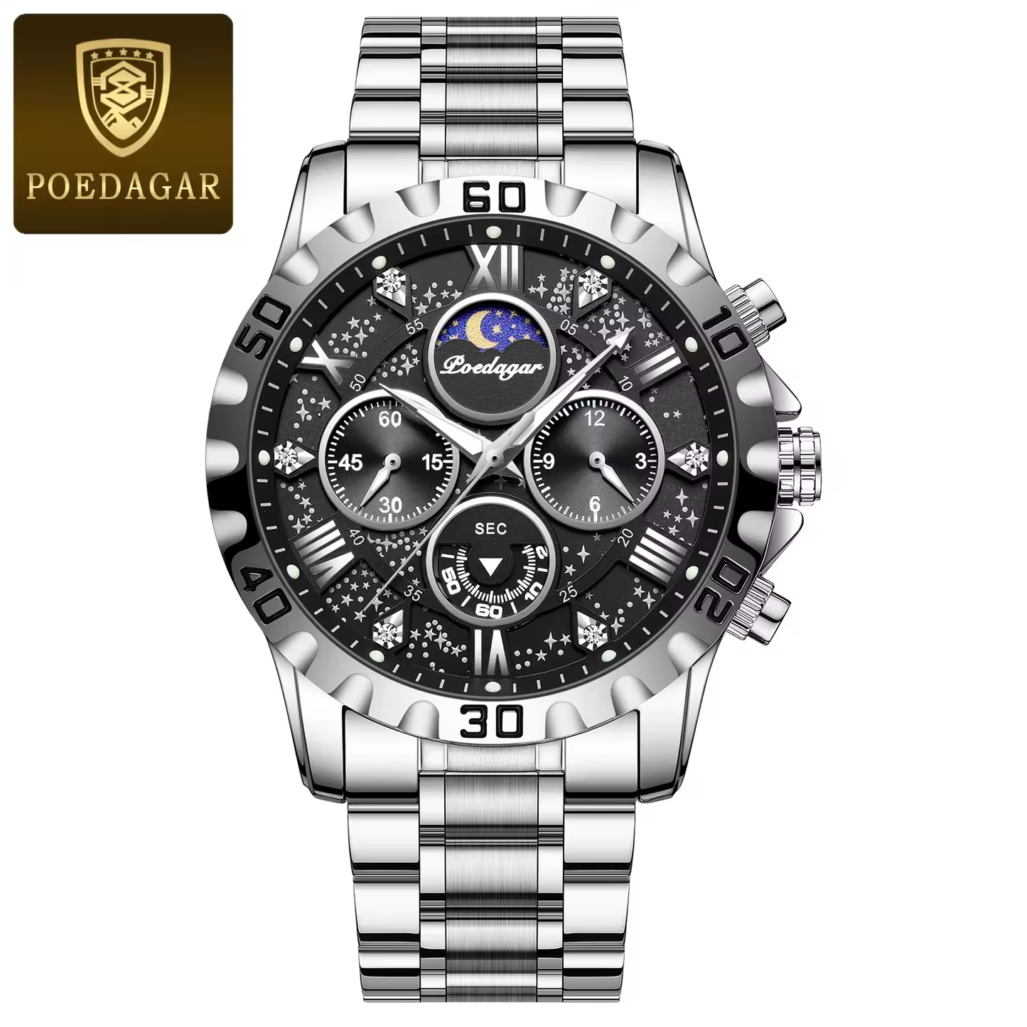 POEDAGAR 973 Montre de luxe pour homme, montre de sport à quartz, étanche, lumineuse, en acier inoxydable, chronographe