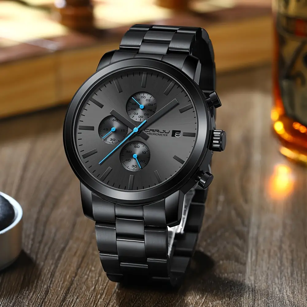CRRJU-Montre Chronographe en Acier Inoxydable pour Homme, Accessoire de Luxe, Étanche, avec Date Analogique, à Quartz, pour Affaires ⭐️⭐️⭐️⭐️⭐️5.0