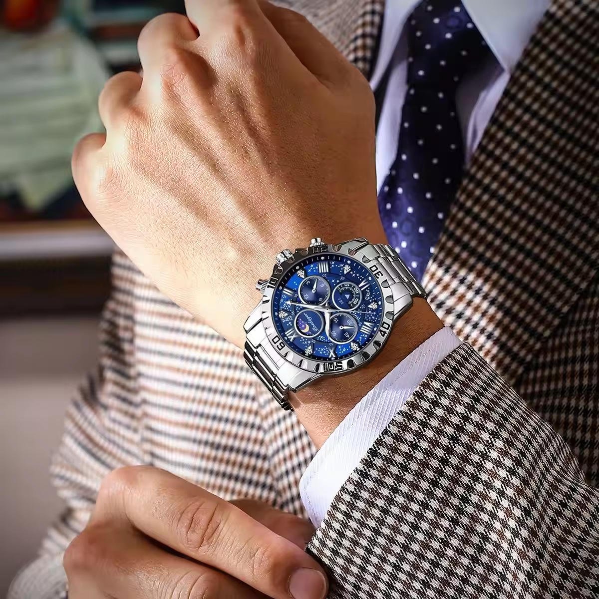 POEDAGAR 973 Montre de luxe pour homme, montre de sport à quartz, étanche, lumineuse, en acier inoxydable, chronographe