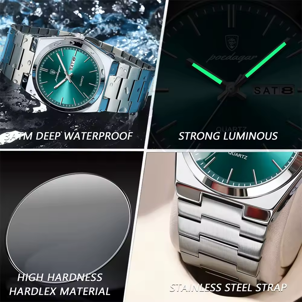 POEDAGAR-Montre-bracelet de sport à quartz de luxe pour homme, montres étanches pour homme, acier inoxydable, Shoous Date et semaine
