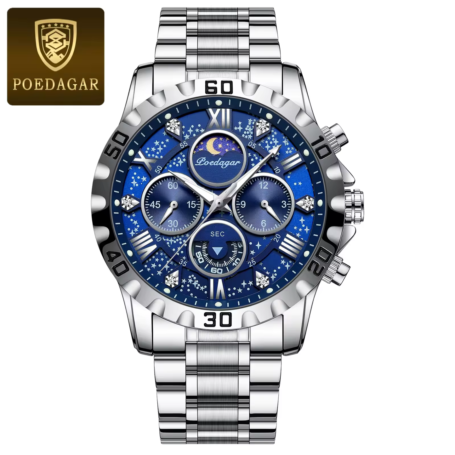 POEDAGAR 973 Montre de luxe pour homme, montre de sport à quartz, étanche, lumineuse, en acier inoxydable, chronographe