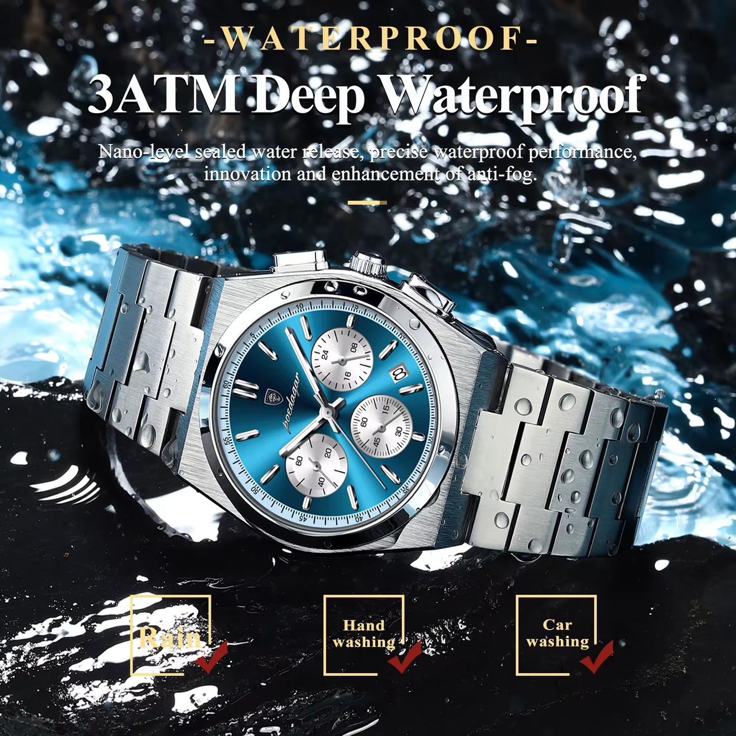 POEDAGAR 970 Montres de luxe tendance pour hommes, en acier inoxydable, étanche, lumineuse, chronographe, sport, à quartz