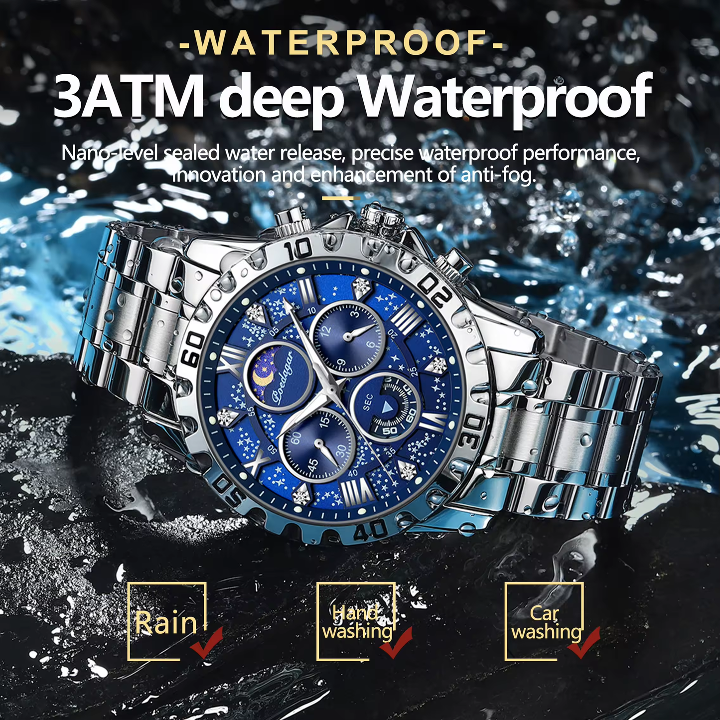 POEDAGAR 973 Montre de luxe pour homme, montre de sport à quartz, étanche, lumineuse, en acier inoxydable, chronographe