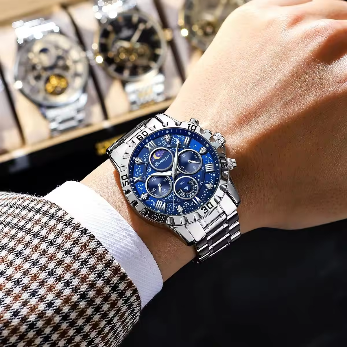 POEDAGAR 973 Montre de luxe pour homme, montre de sport à quartz, étanche, lumineuse, en acier inoxydable, chronographe