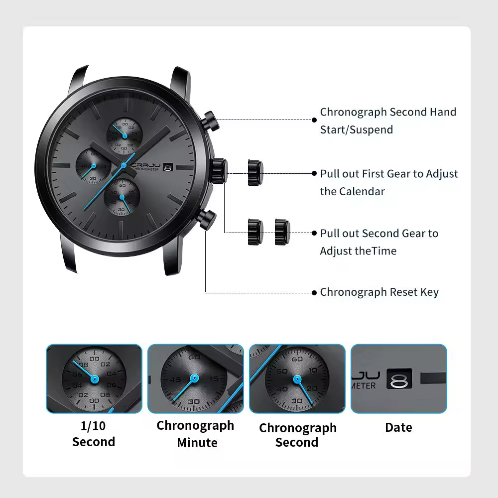 CRRJU-Montre Chronographe en Acier Inoxydable pour Homme, Accessoire de Luxe, Étanche, avec Date Analogique, à Quartz, pour Affaires ⭐️⭐️⭐️⭐️⭐️5.0