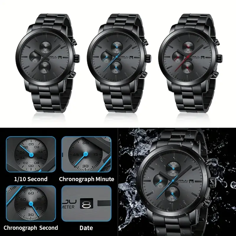 CRRJU-Montre Chronographe en Acier Inoxydable pour Homme, Accessoire de Luxe, Étanche, avec Date Analogique, à Quartz, pour Affaires ⭐️⭐️⭐️⭐️⭐️5.0