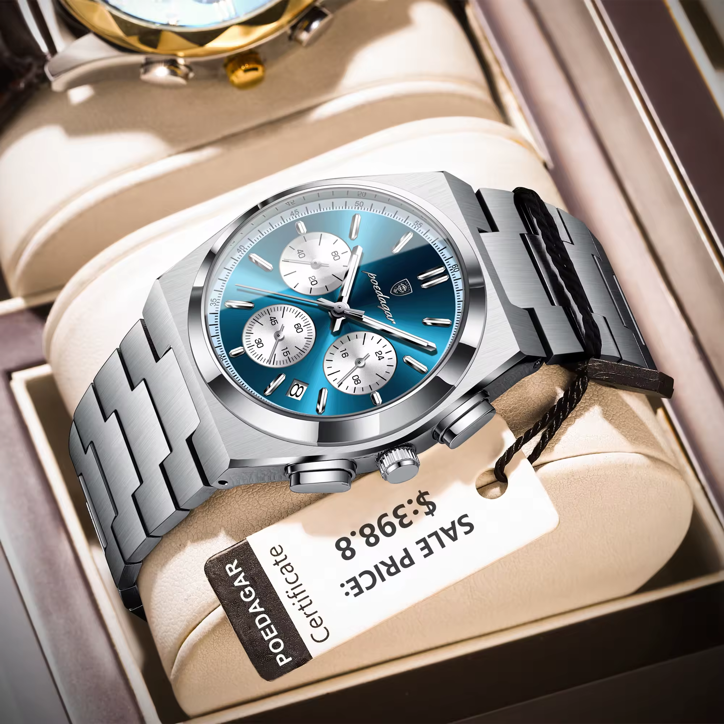 POEDAGAR 970 Montres de luxe tendance pour hommes, en acier inoxydable, étanche, lumineuse, chronographe, sport, à quartz