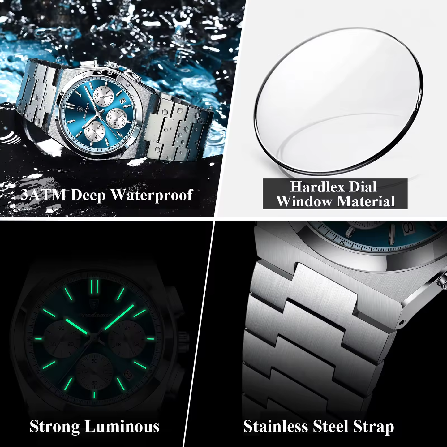 POEDAGAR 970 Montres de luxe tendance pour hommes, en acier inoxydable, étanche, lumineuse, chronographe, sport, à quartz