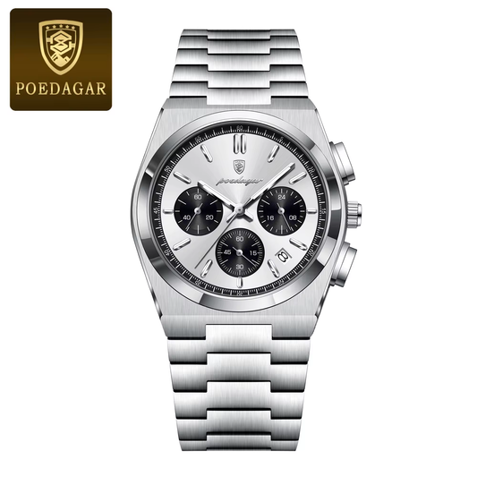 POEDAGAR 970 Montres de luxe tendance pour hommes, en acier inoxydable, étanche, lumineuse, chronographe, sport, à quartz