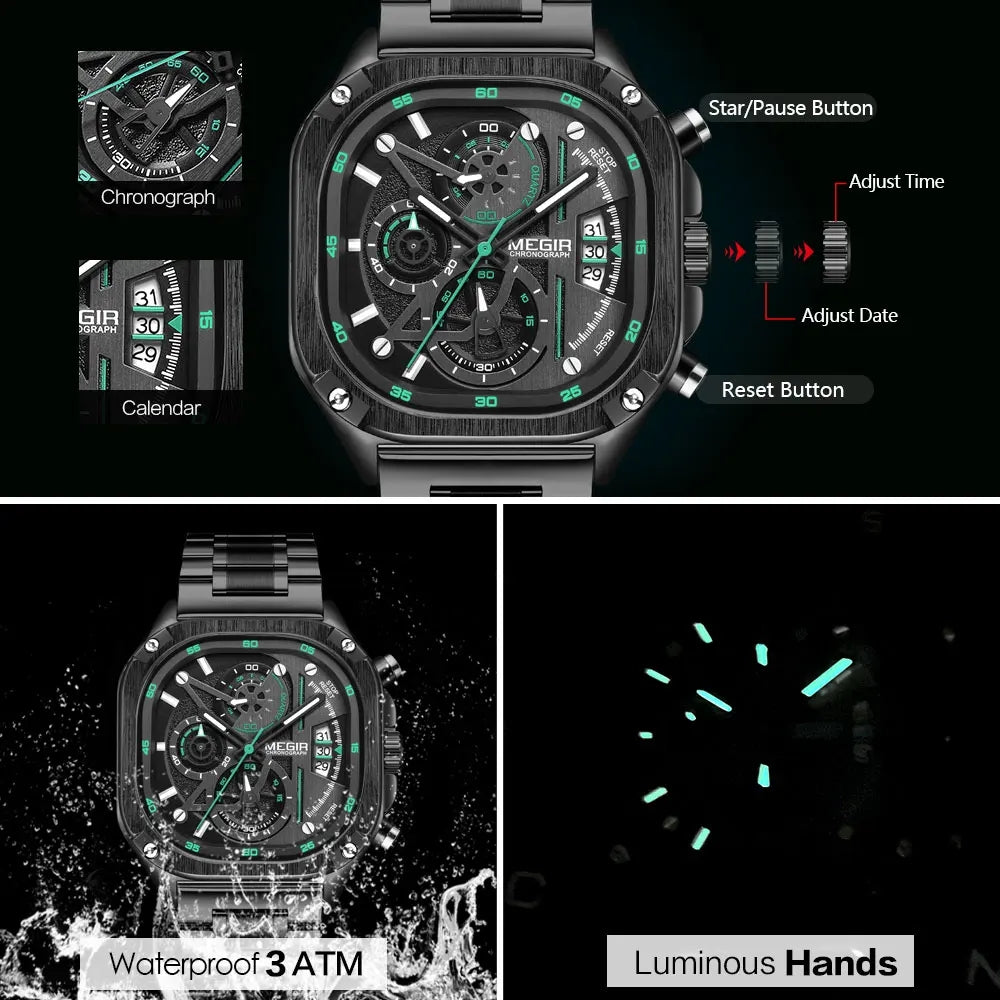 Un design carré. Une précision chronométrique. Une présence qui marque.