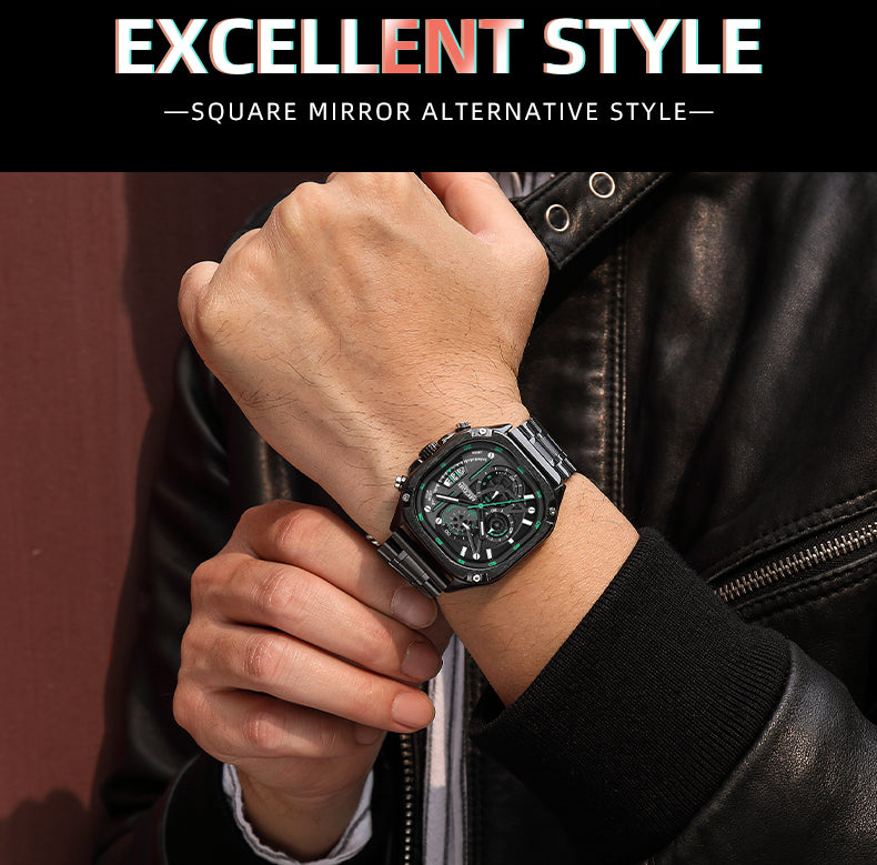 Un design carré. Une précision chronométrique. Une présence qui marque.