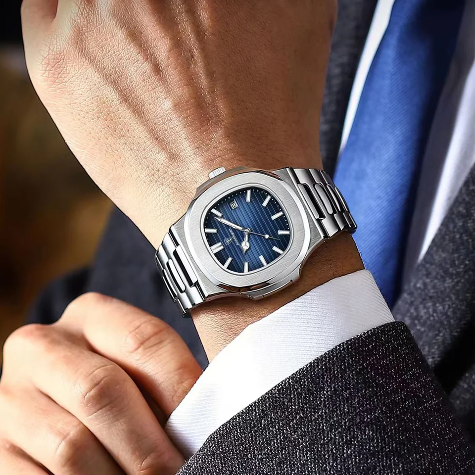 POEDAGAR 613 Montre de luxe pour homme, étanche, lumineuse, avec date, cadran carré, quartz...